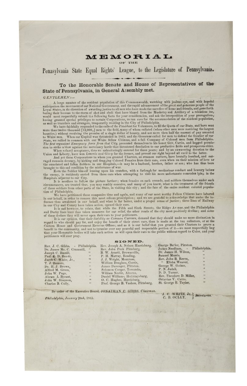 Pennsylvania State Equal Rights League, Pennsylvania State Equal Rights Leaguen muistomerkki, Pennsylvanian lainsäätäjälle, 20. tammikuuta 1865 tekijältä American School