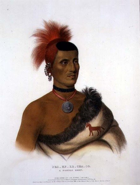 Pes-Ke-Le-Cha-Co, A Pawnee Chief, pub. kirjoittanut J. T. Bowen (1801-n. 1856) 1841 (väri litho) tekijältä American School