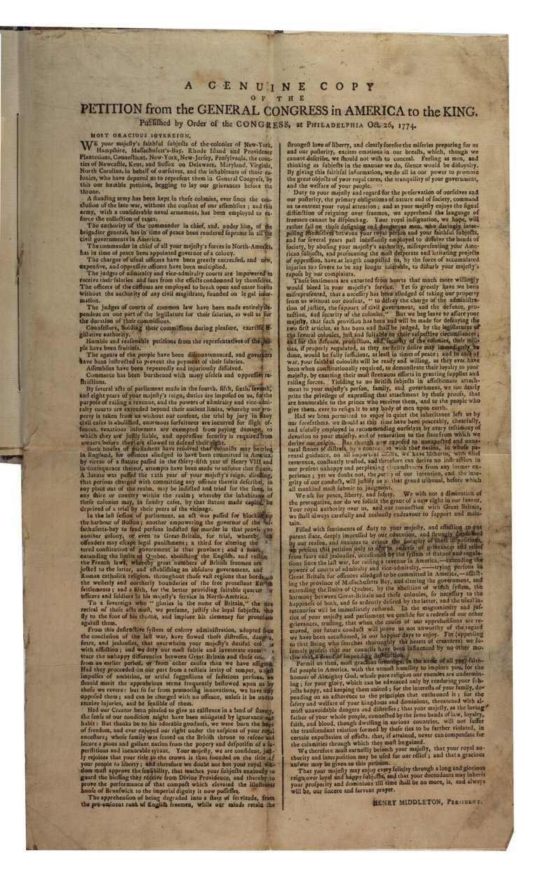 Vetoomus Amerikan yleiskongressista kuninkaalle, mannerkongressi, 26. lokakuuta 1774 tekijältä American School
