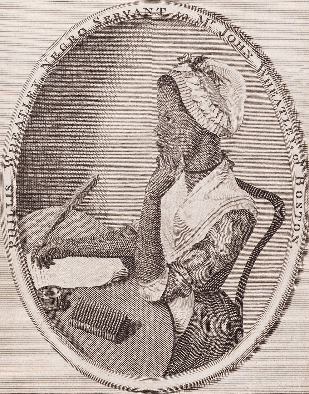 Philiis Wheatley (1753–1784). Afrikkalais-amerikkalainen runoilija. Kaiverrettu etulehti hänen teokseensa ”Poems” (Runot), 1773. tekijältä American School