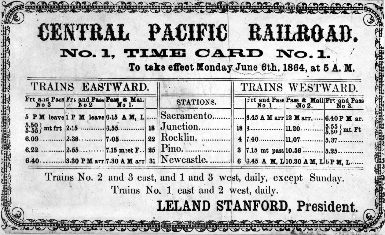 Valokuvatuloste Central Pacific Railroad Companyn alkuperäisestä aikataulusta 6. kesäkuuta 1864 1864 tekijältä American School