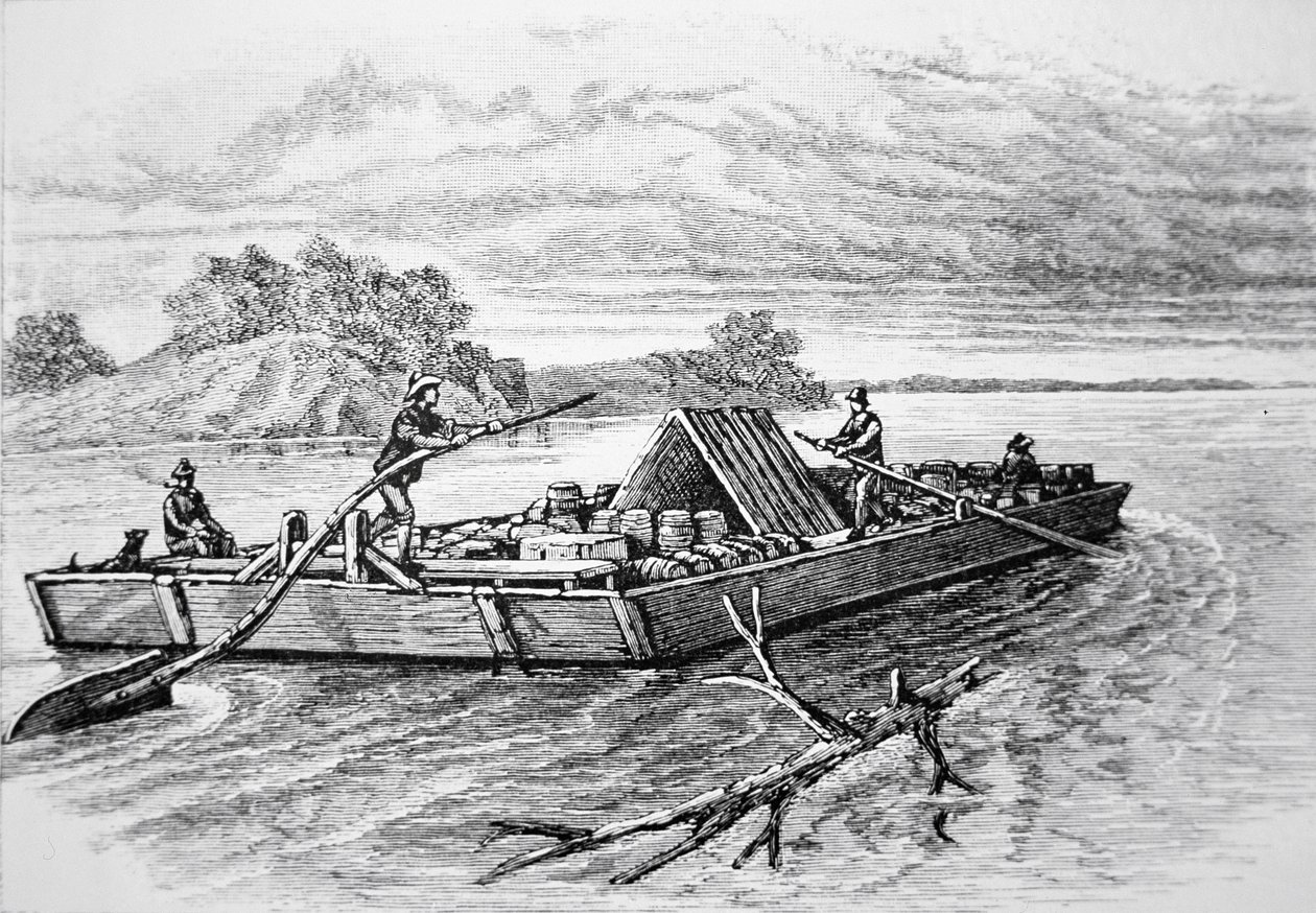 Pioneer flatboat Mississippi-joella, n. 1840 (kaiverrus) tekijältä American School