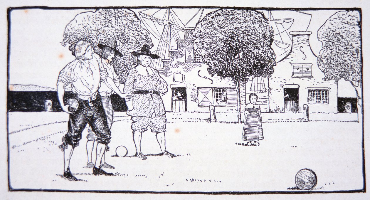 Kulhojen pelaaminen New Amsterdamissa 1600-luvulla (litho) tekijältä American School