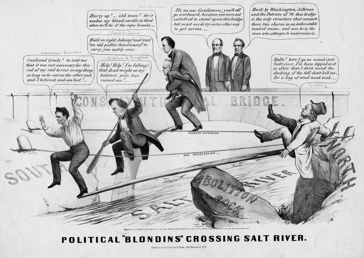 Poliittiset blondiinit ylittävät Salt Riverin, julkaisija Currer & Ives, New York, 1860 tekijältä American School