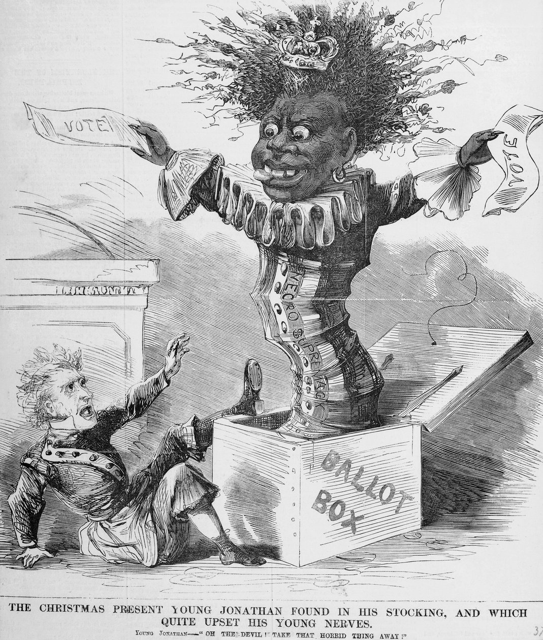 Poliittinen sarjakuva presidentti Andrew Jacksonin (1767-1845) peloissaan mahdollisesta mustien äänestämisestä Amerikassa tekijältä American School