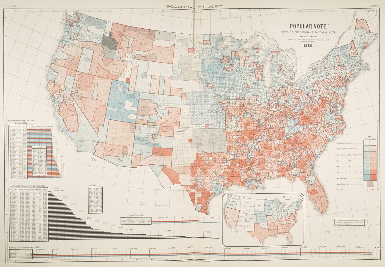 Poliittinen kartta vuoden 1880 vaaleista, levy 11, Gannett, Henry ja Fletcher Hewes tekijältä American School