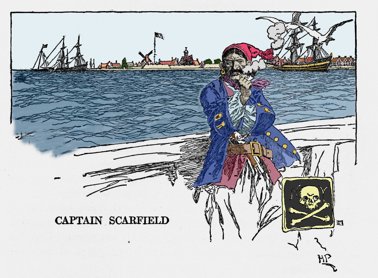 Kapteeni Scarfieldin muotokuva: Amerikkalaisen kuvittajan Howard Pylen (1853 - 1911) "" Pirates Buccaneers and Marooners of the Spanish Main" kirja. 1887. tekijältä American School
