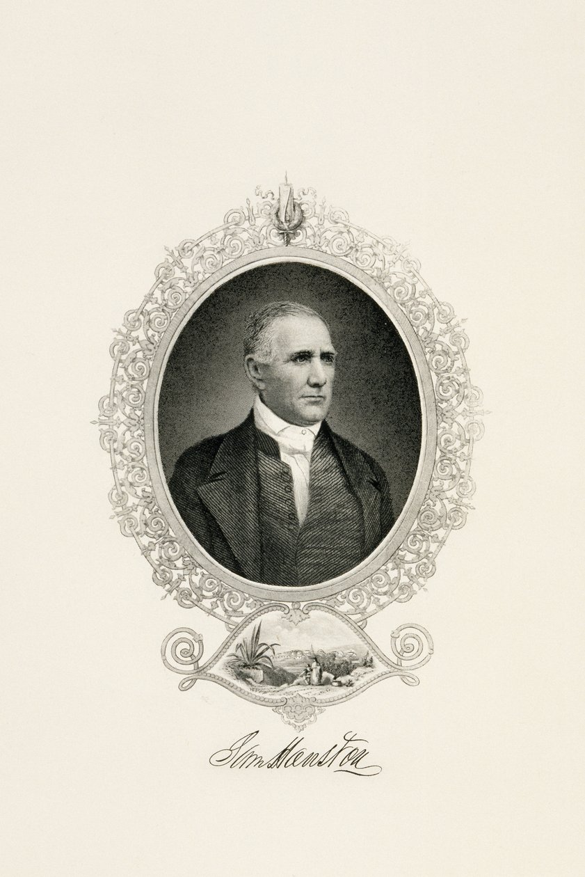 Muotokuva Sam Houstonista kaupunkinäkymällä, c. 1855-c. 1860 (teräspintainen kaiverrus kudospaperille) tekijältä American School