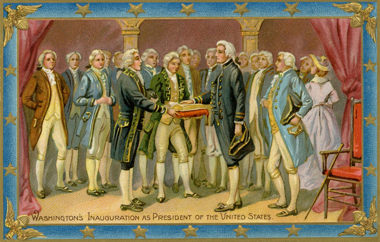 George Washingtonin presidentin virkaanastujaisia kuvaava postikortti (painettu) tekijältä American School