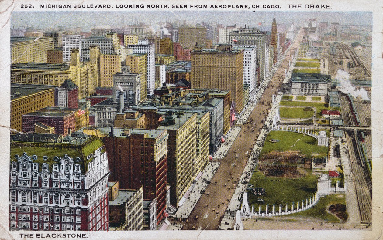 Postikortti, joka kuvaa Michigan Boulevardia, Chicago, n. 1930 tekijältä American School