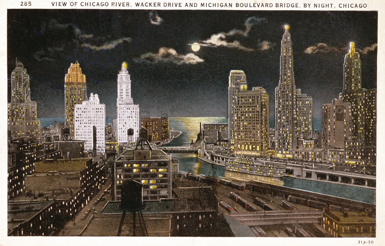 Postikortti Chicagosta yöllä, noin 1930 tekijältä American School