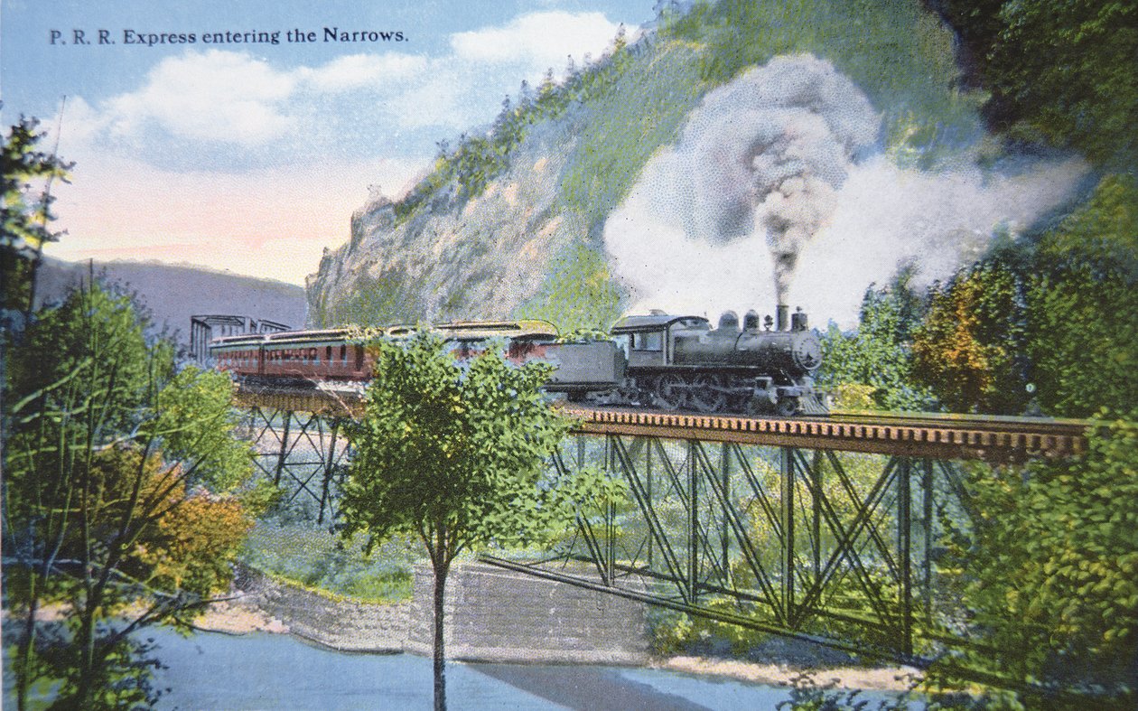 aPostikortti Pennsylvania Railroad Expressin saapumisesta Narrowsiin Cumberlandissa, Marylandissa, n. 1910 (värilitho) tekijältä American School