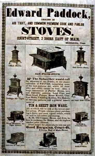 Mainosjuliste "Air Tight and Common Premium Cook and Parlour Stoves", valmistaja Edward Paddock, Middletown, Connecticut (litho) tekijältä American School