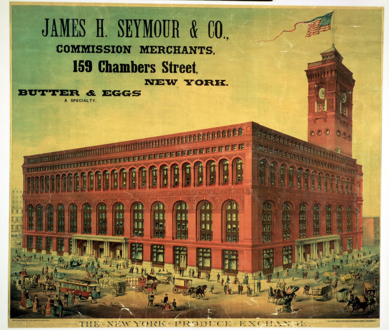 Mainosjuliste James H. Seymour & Co. Commission Merchantsista New Yorkin tuotepörssissä, kaiverrus Sacket, Wilhelms ja Betzig, n. 1885 tekijältä American School