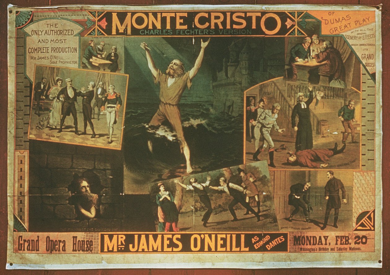 Juliste, joka mainostaa herra James ONeilliä Edmond Dantesina Charles Fichterin versiossa Monte Criston kreivistä tekijältä American School