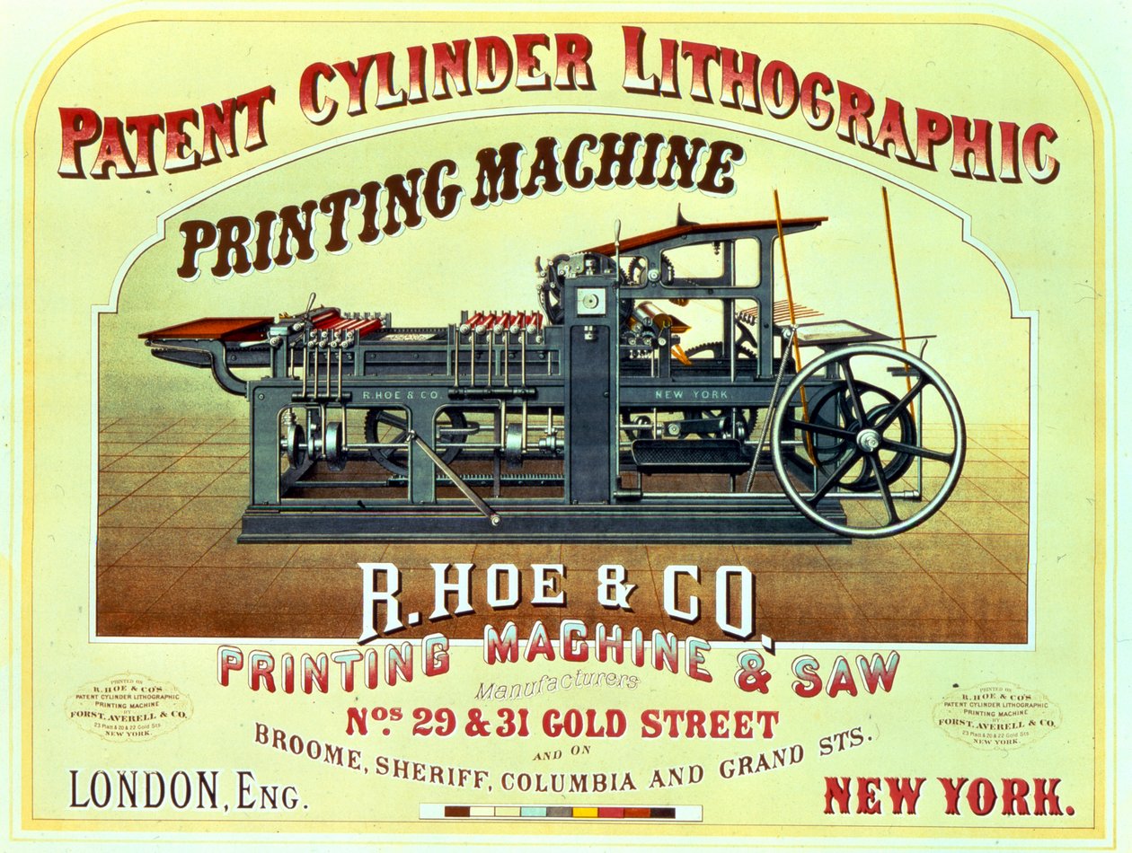 Julisteet Patenttisylinteri Lithographic Printing Machine, R. Hoe & Co., Lontoo ja New York tekijältä American School