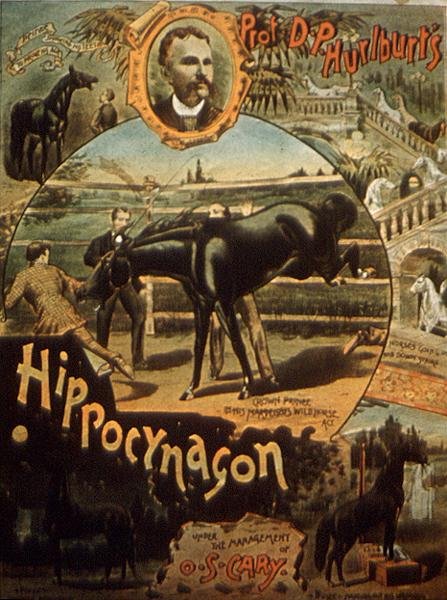 Professori D. H. Hurlburtin "Hippocynagon" julistemainonta, O. S. Caryn johdolla (värilitho) tekijältä American School