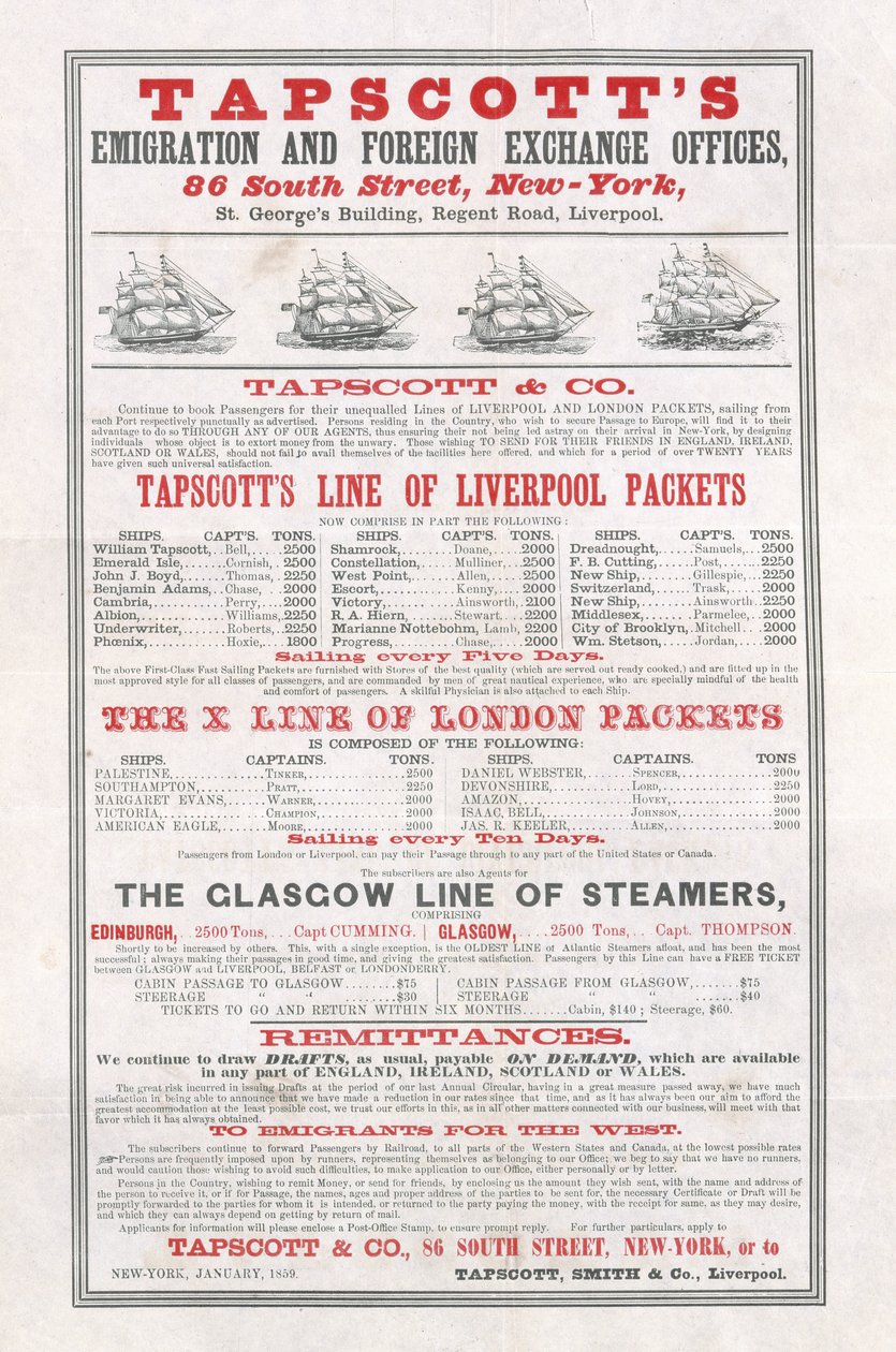 Mainosjuliste Tapscotts Emigration and Foreign Exchange Offices, New York, tammikuu 1859 tekijältä American School