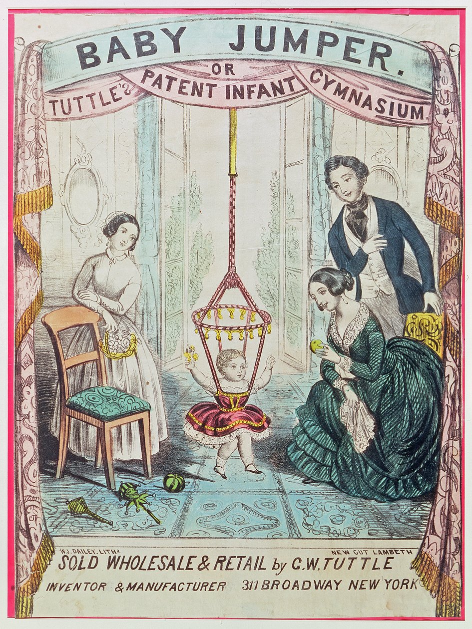 Juliste, joka mainostaa Baby Jumperia tai Tuttes Patent Infant Gymia, julkaisija W.J. Dailey tekijältä American School