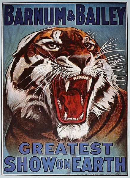 Barnum & Bailey Greatest Show on Earth -tapahtumaa mainostava juliste, n. 1910 (värilitho) tekijältä American School