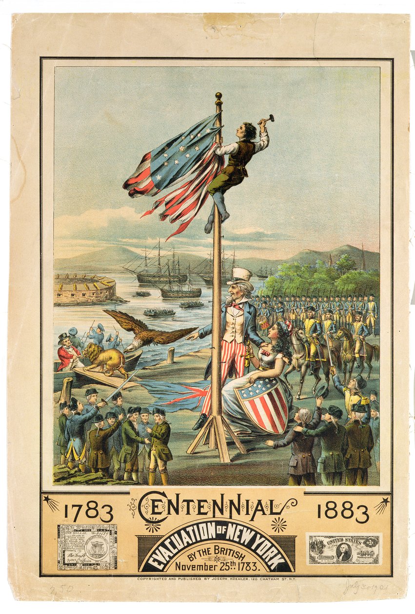 Juliste, joka mainostaa brittien New Yorkin evakuoinnin satavuotisjuhlaa 25. marraskuuta 1783 1883 tekijältä American School