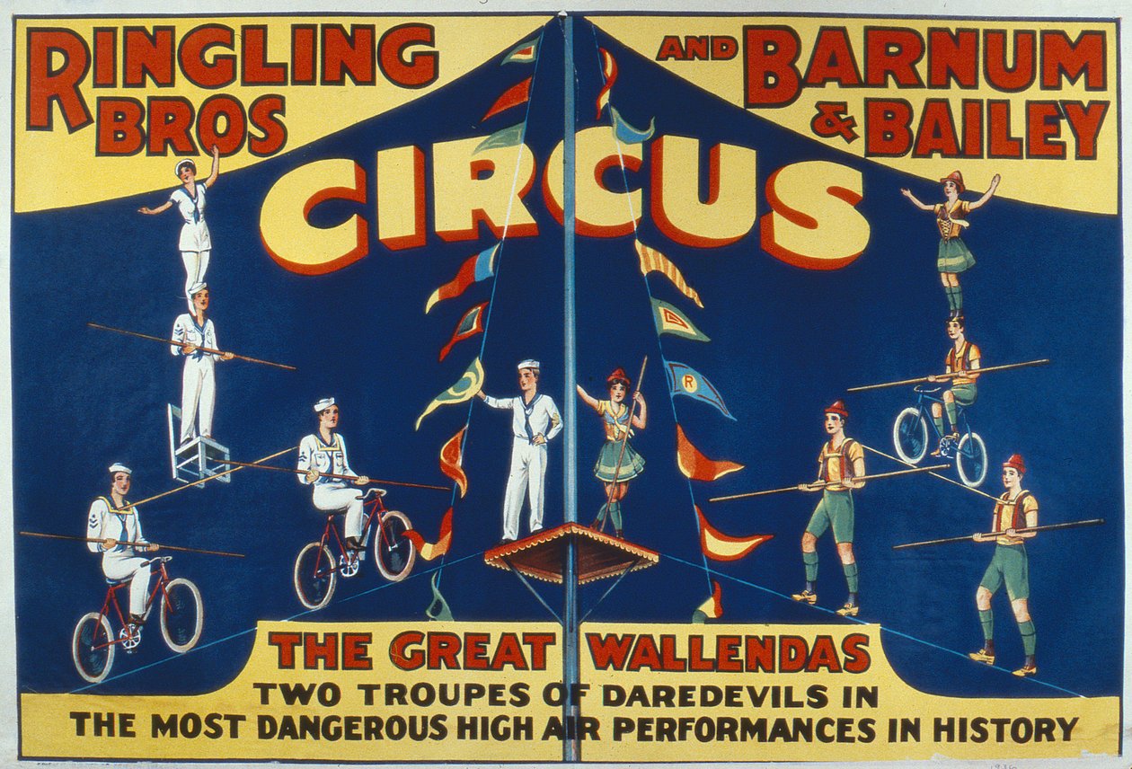 Juliste, joka mainostaa Great Wallendasia Ringling Bros. and Barnum & Bailey Circusissa (värilitho) tekijältä American School