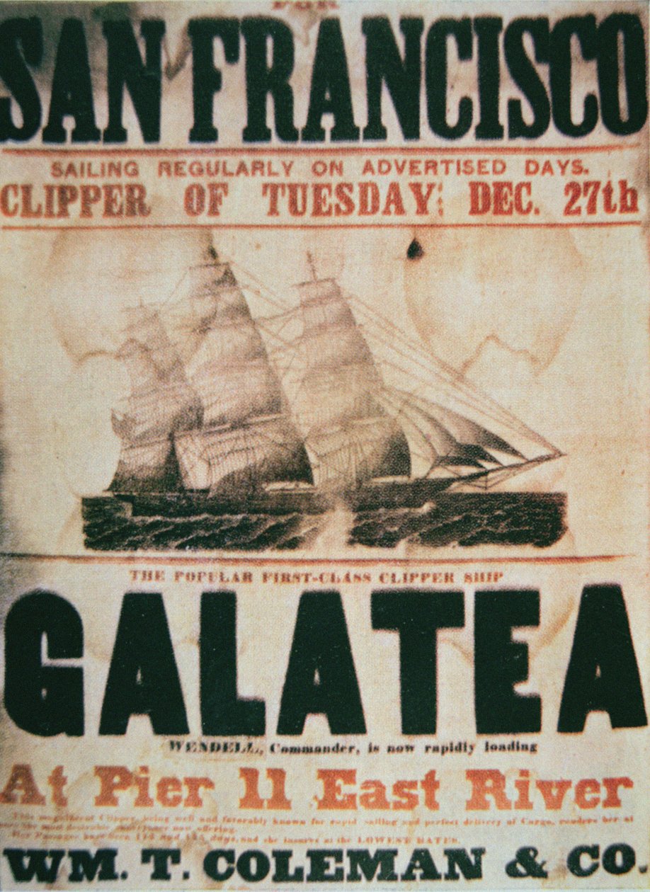 Juliste, joka mainostaa Galatea-leikkurilaivan New Yorkin ja San Franciscon välistä reittiä, n. 1855 (värilitho) tekijältä American School