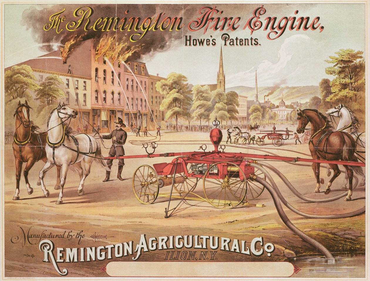 Remington Agricultural Companyn valmistamaa Remington Fire Engineä mainostava juliste, n. 1890 tekijältä American School