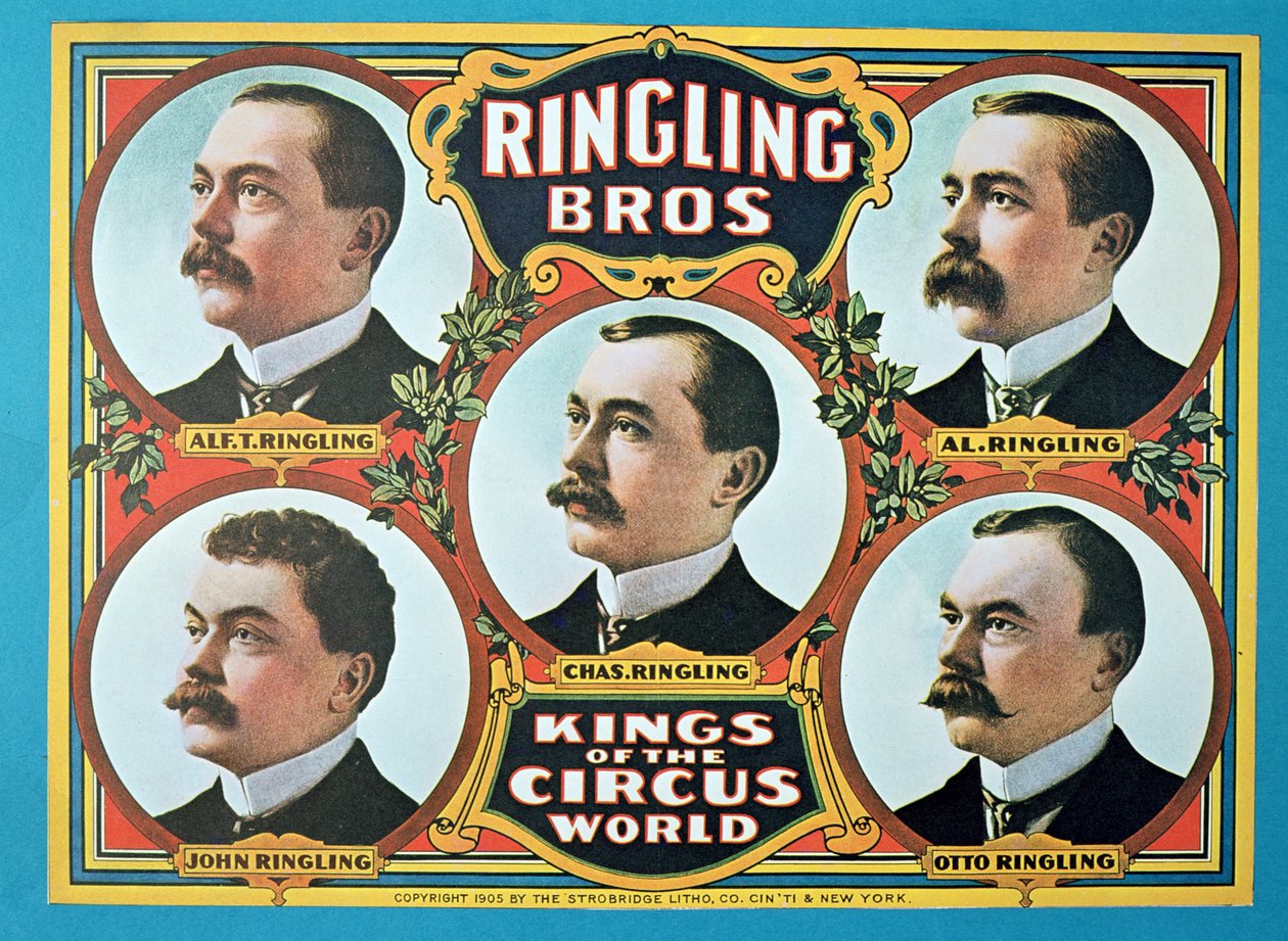 Juliste, joka mainostaa "Ringling Bros. Kings of the Circus World" -järjestöä tekijältä American School