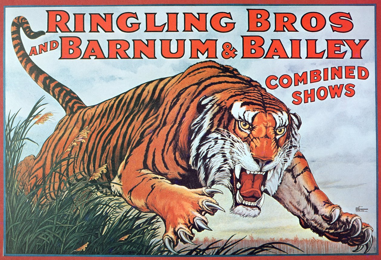 Ringling Bros. and Barnum & Bailey yhdistettyjä esityksiä mainostava juliste tekijältä American School
