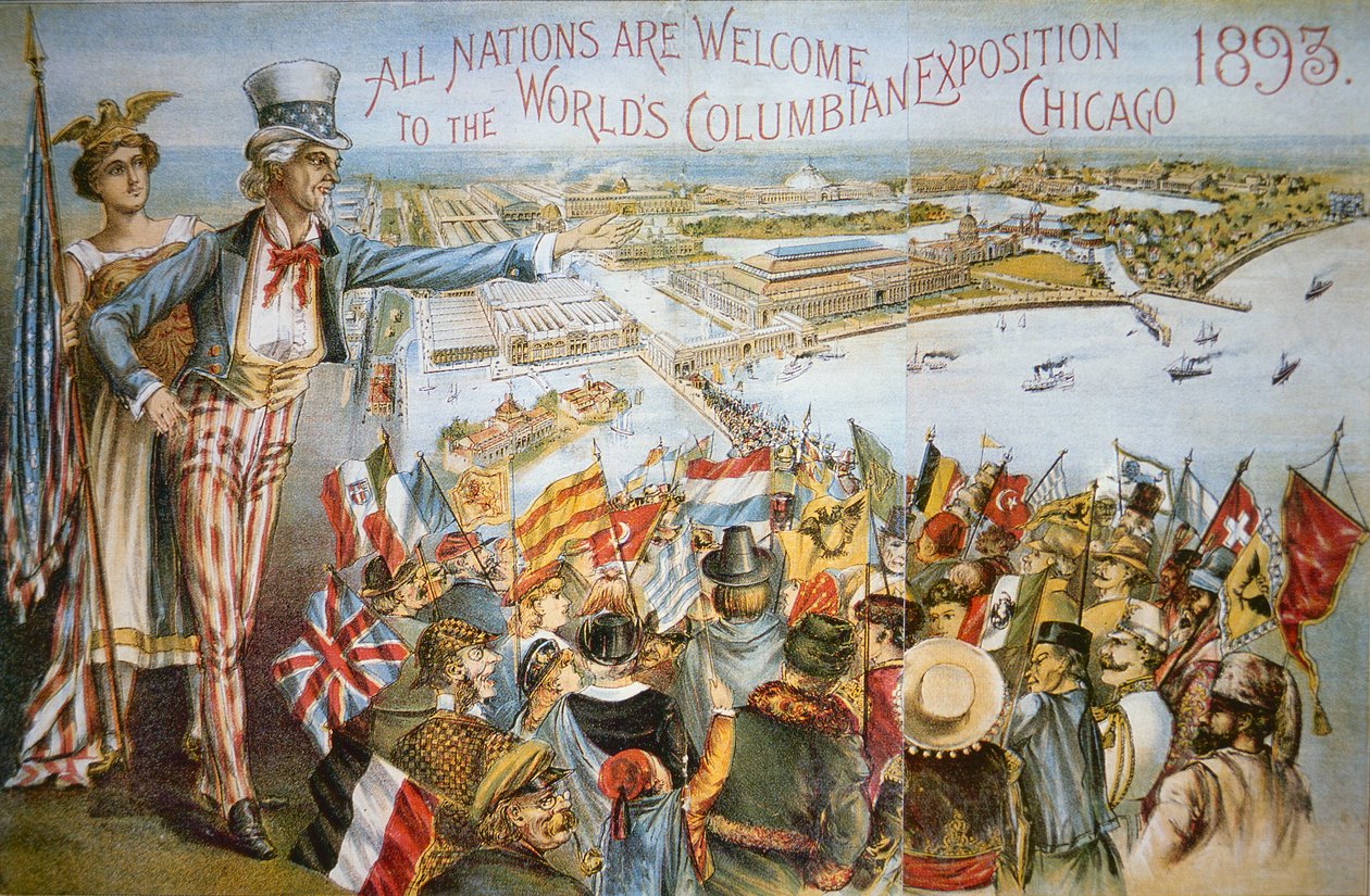 juliste, joka mainostaa maailman kolumbialaista näyttelyä Chicagossa 1893 (värilitho) tekijältä American School