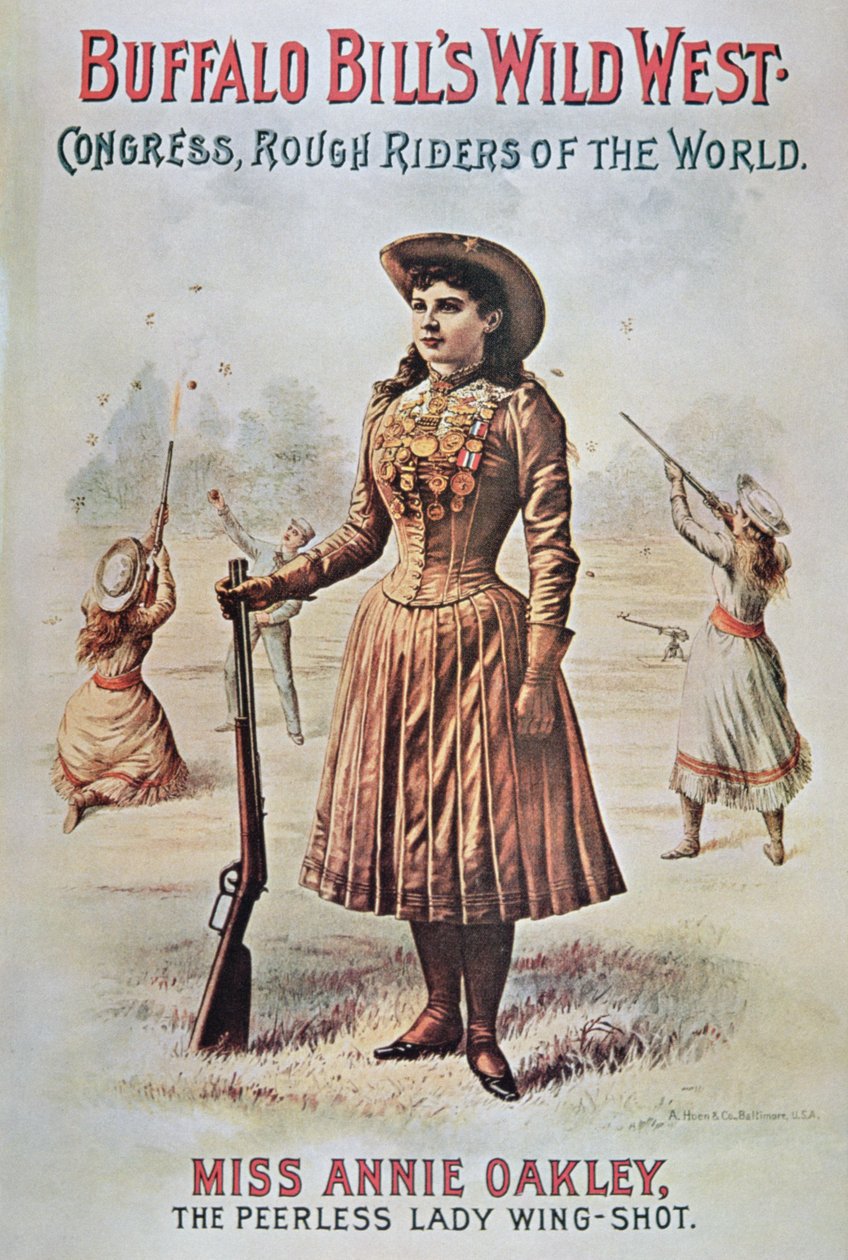Buffalo Billin (1846-1917) Wild West Show -juliste, mukana Annie Oakley (1860-1926) n. 1899 (värilitho) tekijältä American School