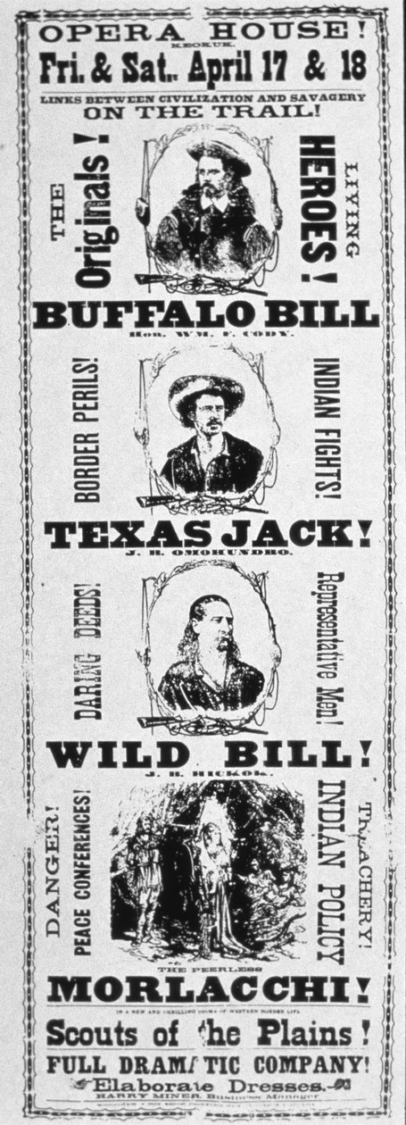 Juliste Scouts of the Plainsin näytelmään, pääosissa Buffalo Bill (1846-1917), Texas Jack (1846-79) ja Wild Bill Hickok (1837-76) 1873 (painettu) tekijältä American School