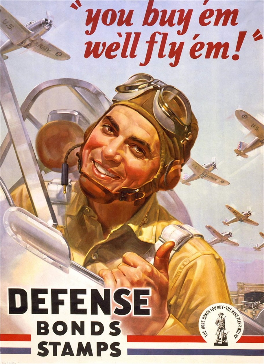 Sotalainan juliste "" Ostat ne, me lennämme ne"", jossa on amerikkalainen sotilas Yhdysvaltain armeijan ilmavoimien koneessa ja lentokoneessa. 1942. tekijältä American School