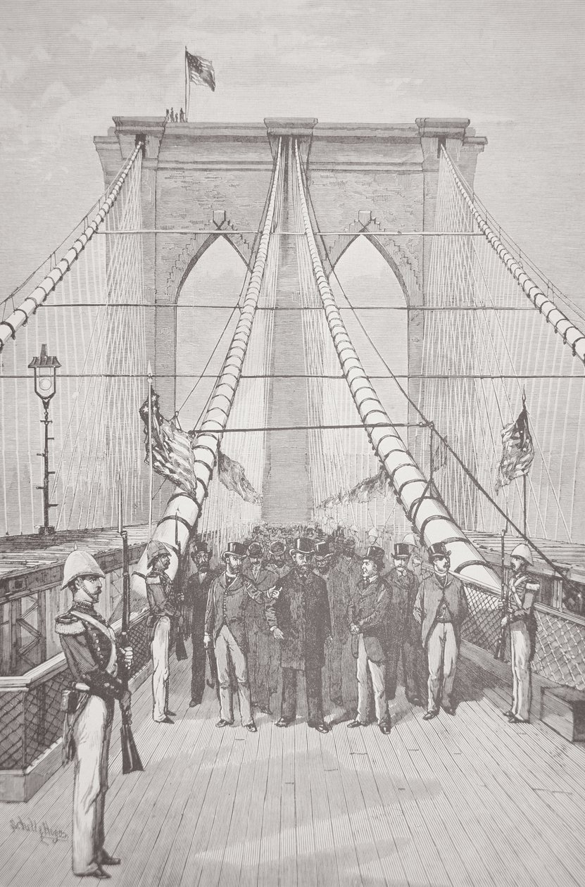 Presidentti Chester A. Arthur uuden Brooklyn Bridgen avajaisseremoniassa 24. toukokuuta 1883 (litho) tekijältä American School