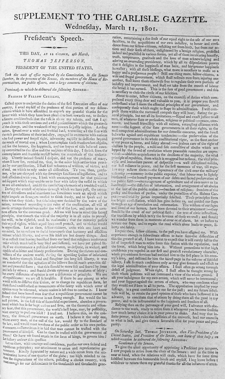 Presidentti Jeffersonin avajaispuhe, Carlisle Gazetten lisäys, 11. maaliskuuta 1801 tekijältä American School