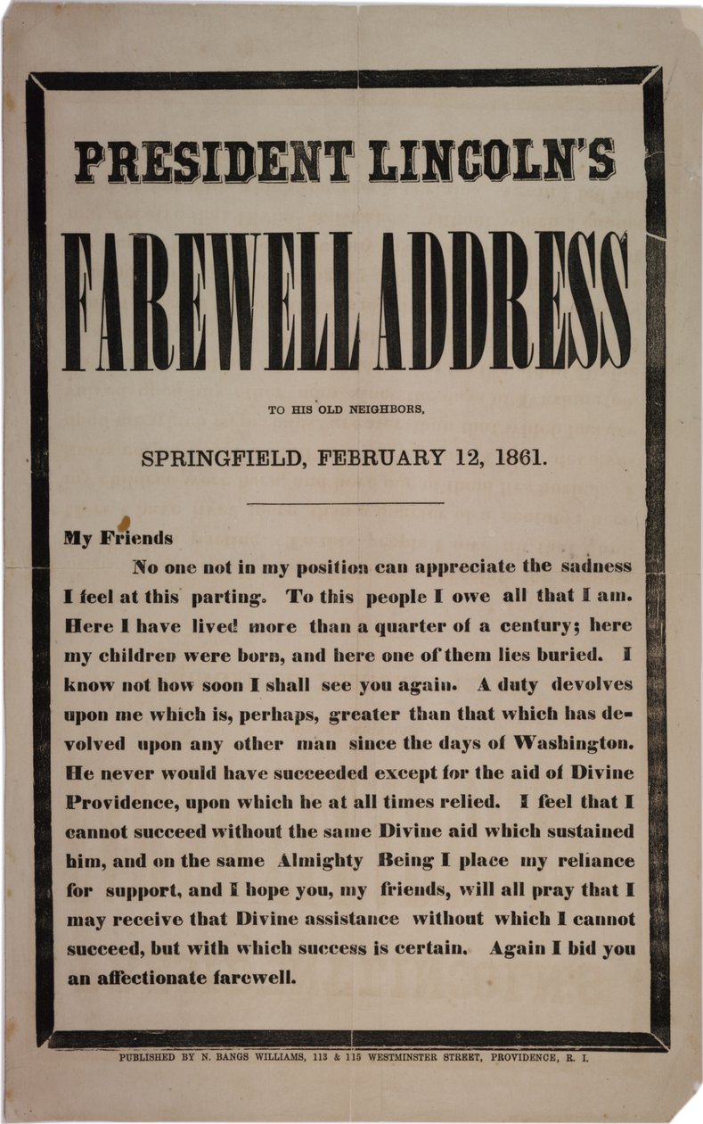 Presidentti Lincolnin jäähyväispuhe vanhoille naapureilleen, Springfield, 12. helmikuuta 1861 tekijältä American School