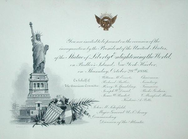 Presidentin kutsu Vapaudenpatsaan avajaisiin torstaina 28. lokakuuta 1886 (kaiverrus) tekijältä American School