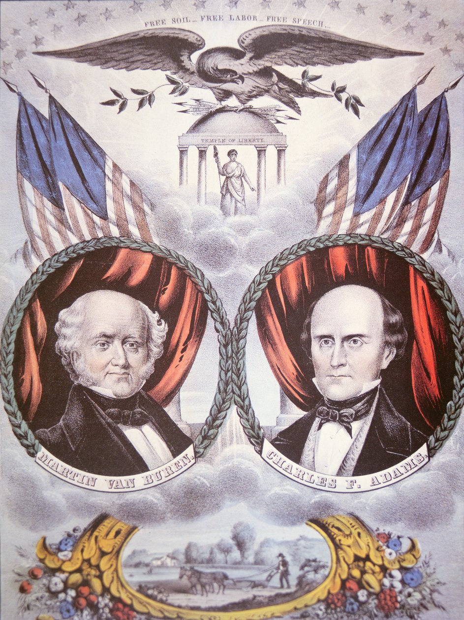 Presidentinvaalijuliste, joka kuvaa Martin van Burenia (1782-1862) ja Charles F. Adamsia (1807-86) "Free Soil Party" -tapahtumassa tekijältä American School