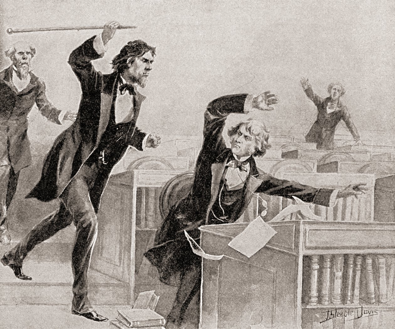 Preston Smith Brooks, kiihkeä orjuuden puolestapuhuja, hyökkäsi kepillä Yhdysvaltain senaatin lattialla senaattori Charles Sumneria, abolitionistia vastaan, 22. toukokuuta. tekijältä American School
