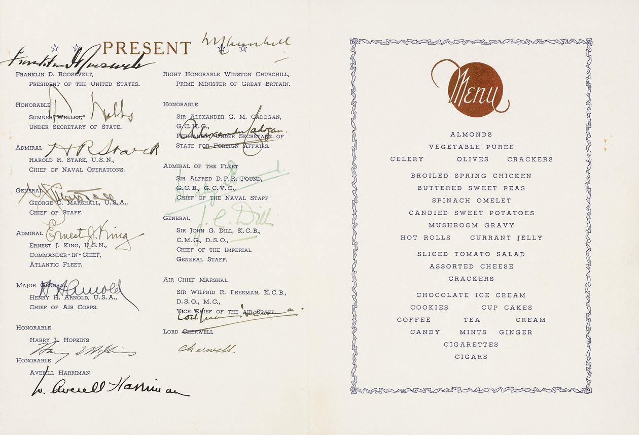 Painettu ruokalista, jonka allekirjoittivat Winston Churchill ja Franklin D. Roosvelt, Yhdysvaltain lippulaiva Augusta, Ship
