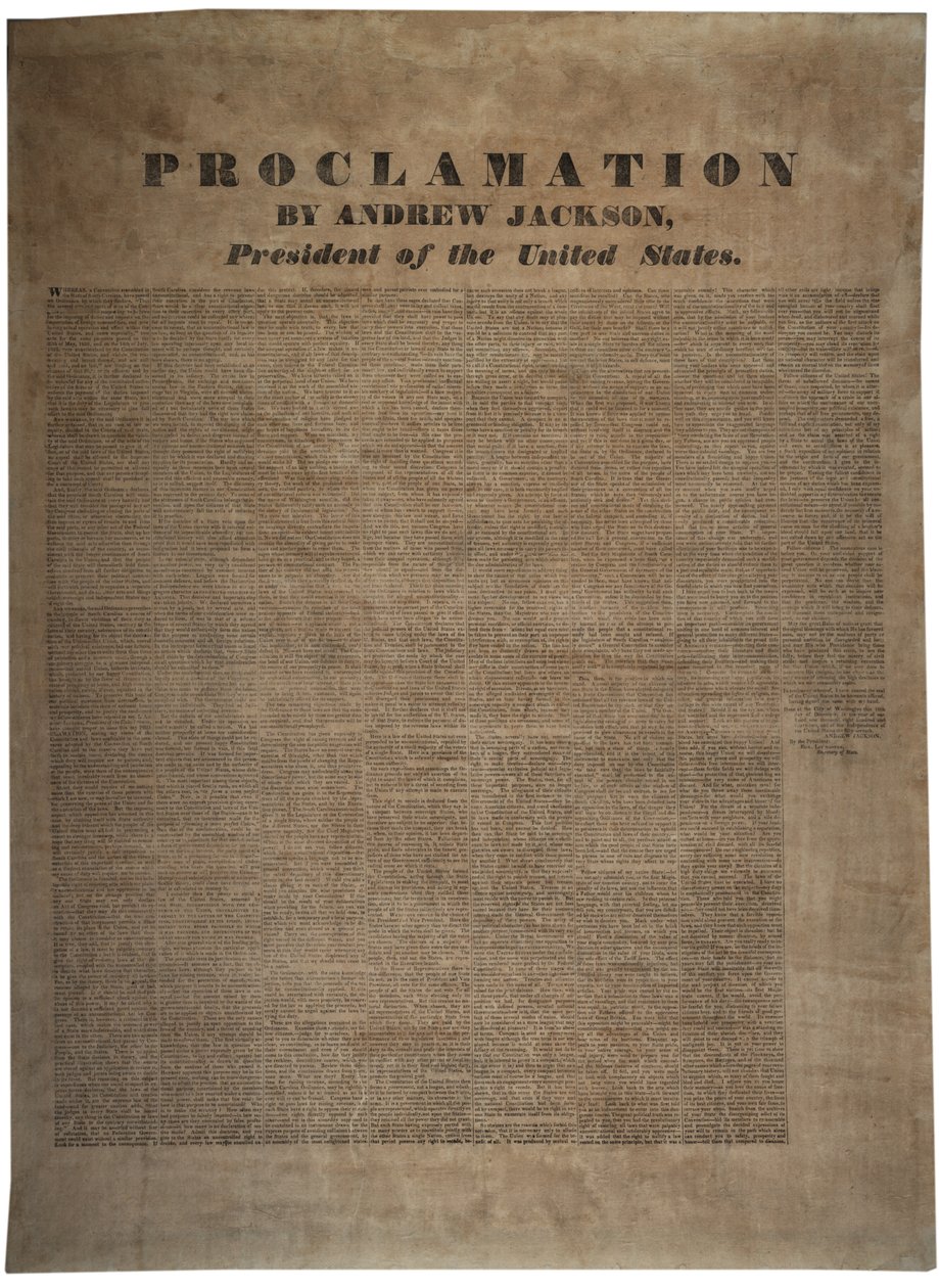 Yhdysvaltain presidentin Andrew Jacksonin (1767-1845) julistus 10. joulukuuta 1832 tekijältä American School