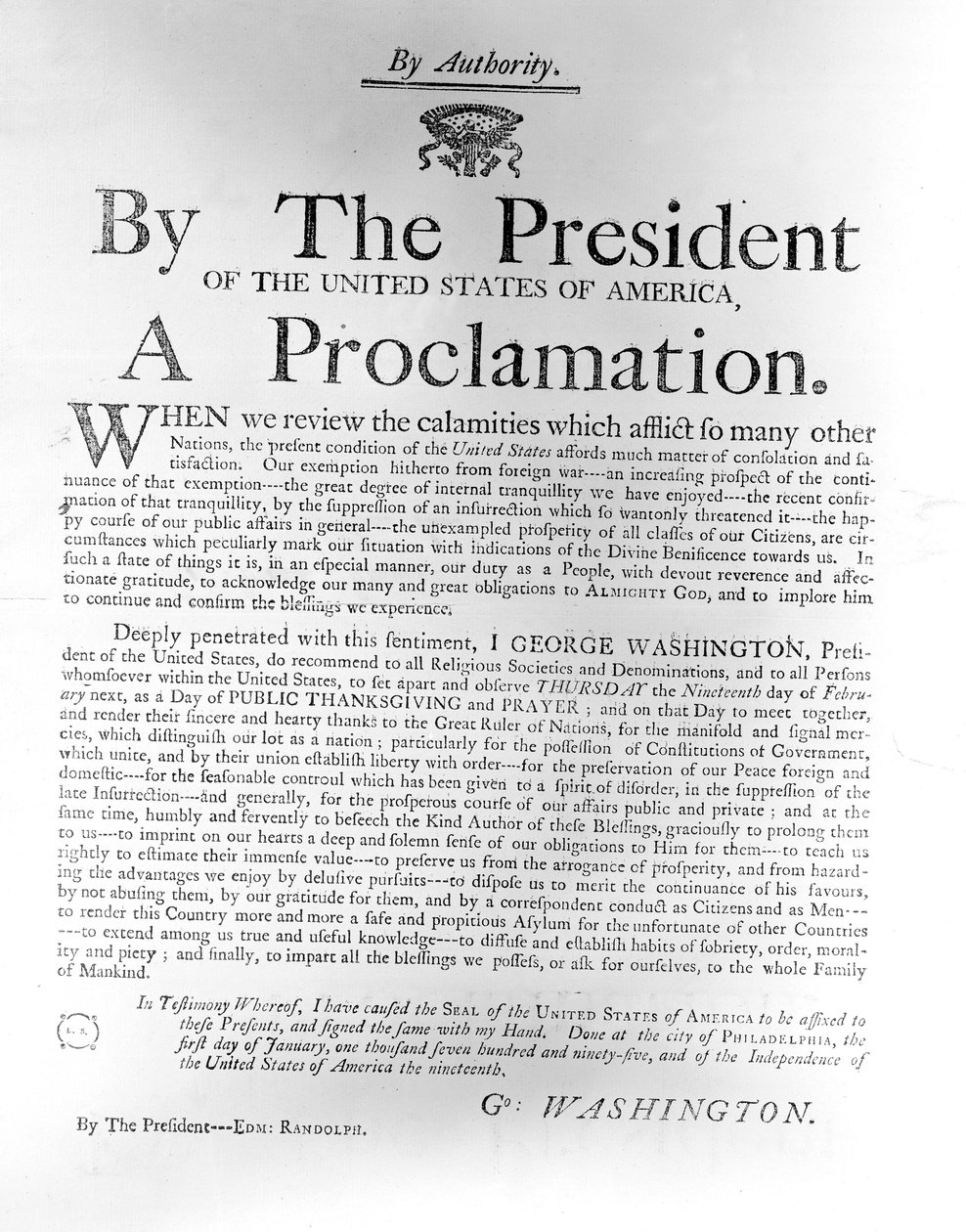 Presidentti George Washingtonin (1732-1799) julistus erottaa torstai 19. helmikuuta julkisen kiitospäivän ja rukouksen päiväksi, 1795 (sanomalehtipaperi) tekijältä American School