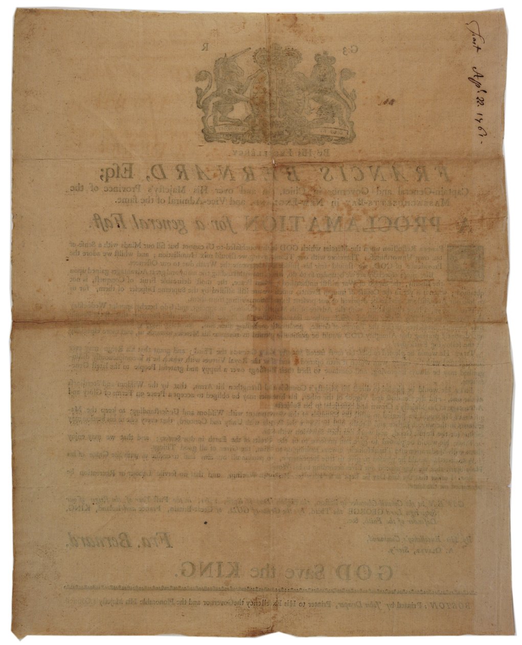 Julistus Francis Bernardin, Massachusetts Bayn kuvernöörin nimissä: paastopäivän ilmoittaminen Ranskan ja Intian sodan aikana, 8. huhtikuuta 1761 tekijältä American School