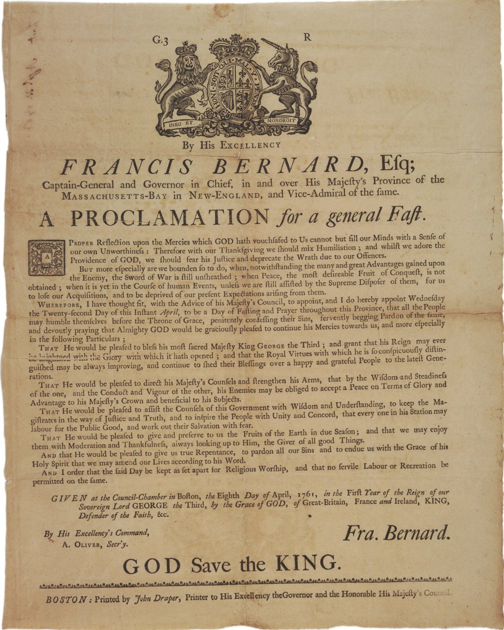 Julistus Francis Bernardin, Massachusetts Bayn kuvernöörin nimissä: paastopäivän ilmoittaminen Ranskan ja Intian sodan aikana, 8. huhtikuuta 1761 tekijältä American School