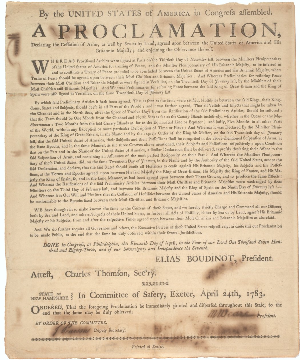 Kongressin julistus aseiden lopettamisesta ja sodan päättymisestä, 24. huhtikuuta 1783 tekijältä American School
