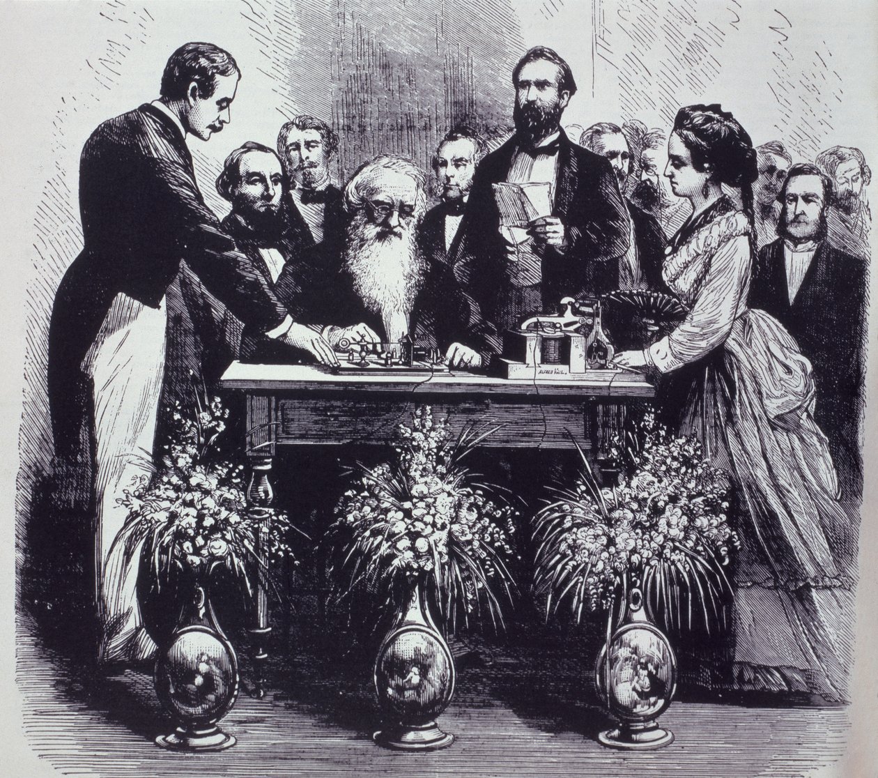 Professori Samuel Finley Breese Morse (1791-1872) selittää keksintönsä tehtävän tekijältä American School