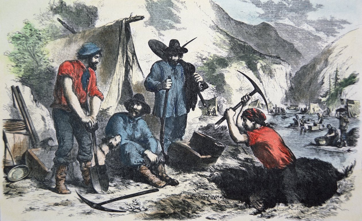 Kalifornian kultaryntäyksen aikana vuonna 1849 (värilitografia). tekijältä American School