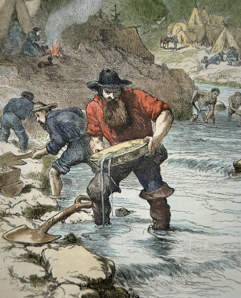 Kaivosmiehet etsivät kultaa Kalifornian kultakuumeen aikana 1849 (värillinen kaiverrus) tekijältä American School