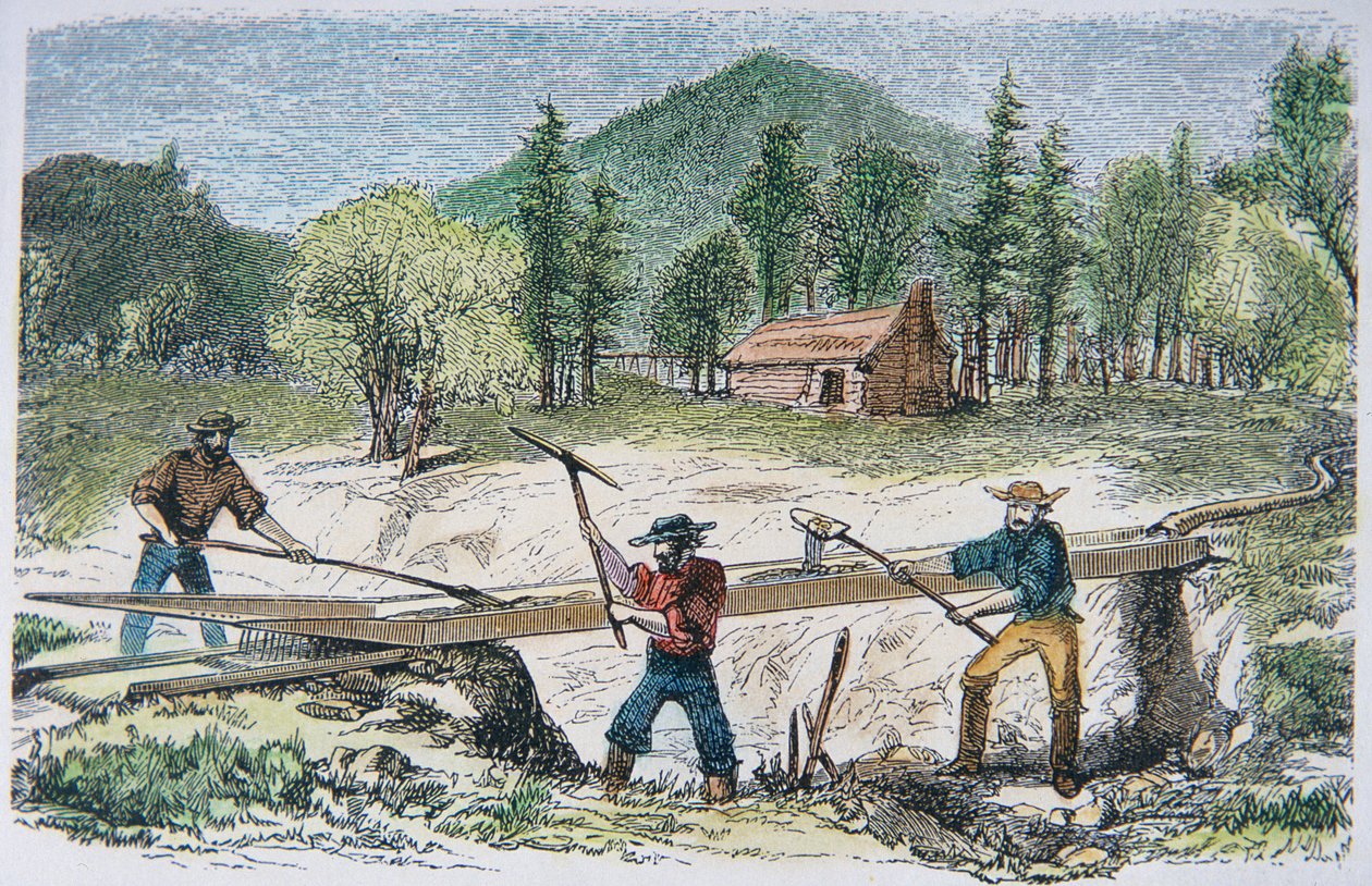 Kaivosmiehet käyttävät sulkua Kalifornian kultakuumeen aikana 1849 (värilitho) tekijältä American School